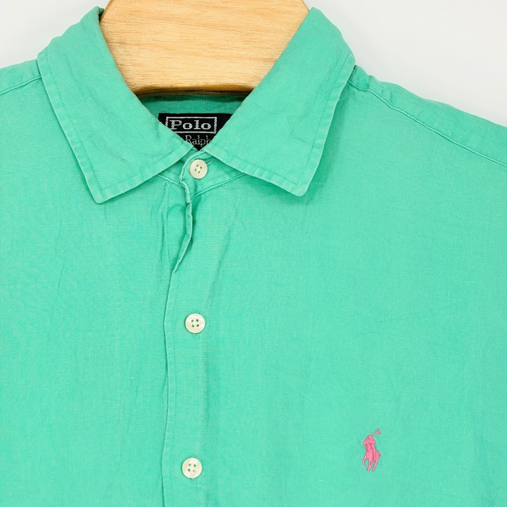 Polo Ralph Lauren Shirt Mens XL Green Camp Vintage 90s Linen Silk Resort Beach